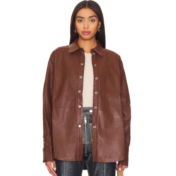 Free People Easy Rider Faux Leather Shacket in Desert Topaz brown size small - Picture 1 of 9